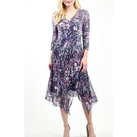 Komarov Chiffon 3/4 Sleeve V-Neck Purple Hybird Hem A-Line Dress M NWT IN PKG - Picture 3 of 7